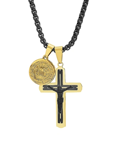 Shop Anthony Jacobs Men's Tri-tone Stainless Steel Crucifix & St. Benedict Pendant Necklace In Black