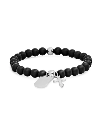 Shop Anthony Jacobs Men's Stainless Steel & Lava Beaded Charm Stretch Bracelet In Neutral