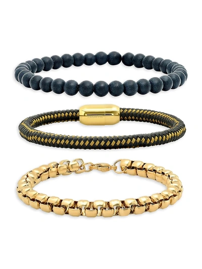 Shop Anthony Jacobs Men's 3-piece 18k Gold-plated Stainless Steel, Black Lava & Leather Bracelet Set