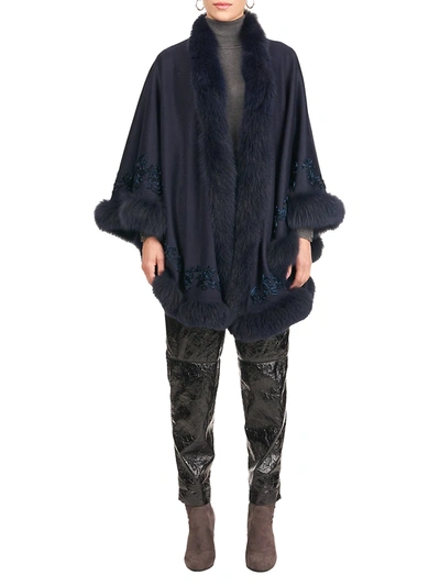 Shop Gorski Women's Fox Fur-trim Embroidered Wool & Cashmere Cape In Navy