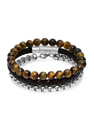 Shop Anthony Jacobs Men's 3-piece Stainless Steel, Leather & Tiger's Eye Beaded Bracelet Set In Neutral