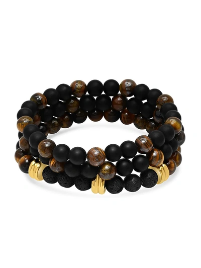 Shop Anthony Jacobs Men's 3-piece 18k Goldplated Stainless Steel Beaded Bracelet Set In Black