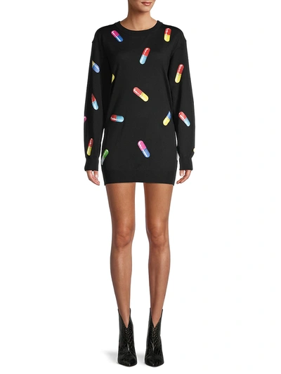 Shop Moschino Women's Pill-print Virgin Wool Mini Sweatshirt Dress In Black