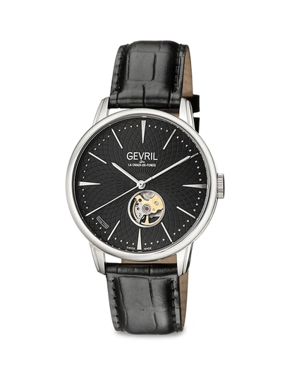 Shop Gevril Men's Mulberry Open Heart & Exhibition Back Stainless Steel & Leather-strap Watch In Black