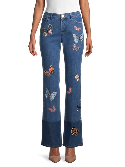 Shop Valentino Women's Butterfly Embroidered Bootcut Jeans In Blue