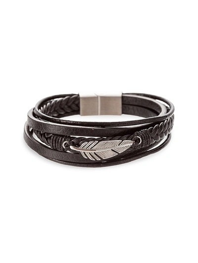 Shop Eye Candy La Men's Jayden Titanium & Faux Leather Feather Charm Bracelet In Neutral