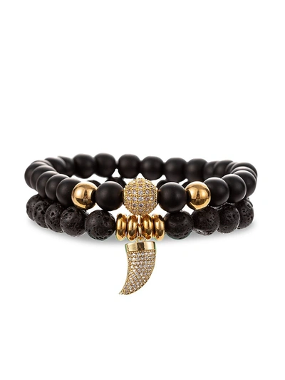 Shop Eye Candy La Men's Eli 2-piece Goldtone & Multi-stone Horn Charm Bracelet Set In Black