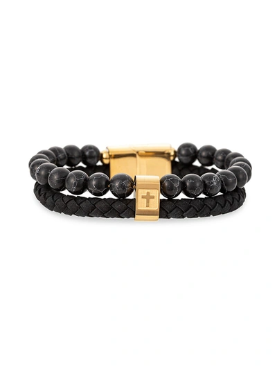 Shop Eye Candy La Men's Goldtone Titanium, Leather & Agate Beads Bracelet In Neutral