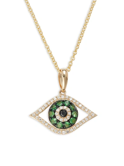 Effy Women's 14k Yellow Gold, Tsavorite, White Diamond & Black Diamond Evil Eye Pendant Necklace In Black