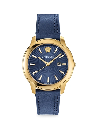 Shop Versace Men's V-urban Goltone Leather Strap Watch In Sapphire