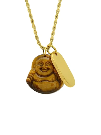 Shop Anthony Jacobs Men's 18k Goldplated Stainless Steel & Tiger's Eye Laughing Buddha & Dog Tag Pendant Necklace In Neutral