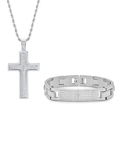Shop Anthony Jacobs Men's 2-piece Stainless Steel Our Father Prayer Bracelet & Necklace Set In Neutral
