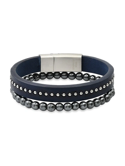 Shop Anthony Jacobs Men's 2-piece Stainless Steel, Leather & Hematite Bracelet Set In Neutral