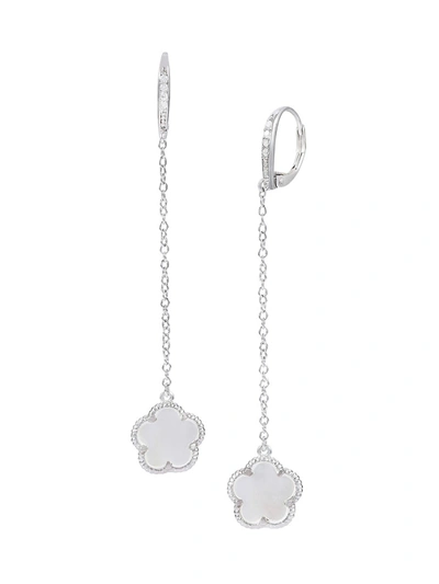 Shop Jan-kou Women's Clover Rhodium Plated, Mother-of-pearl & Cubic Zirconia Drop Earrings In Neutral