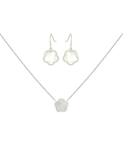 Shop Jan-kou Women's Flower 2-piece Rhodium Plated & Mother-of-pearl Drop Earrings & Pendant Necklace Set In Neutral