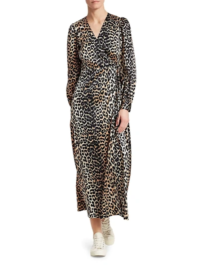 Shop Ganni Women's Stretch Silk Satin Leopard Wrap Dress