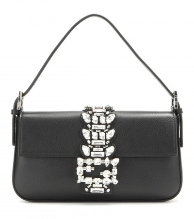 Shop Fendi Baguette Embellished Leather Shoulder Bag In Llack+crystal+palladium