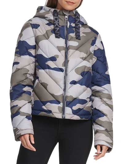 Shop Dkny Women's Camo-print Packable Puffer Jacket In Navy Combo