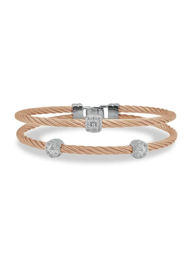 Shop Alor Women's Classique Stainless Steel, 14k White Gold & Diamond Cable Bracelet