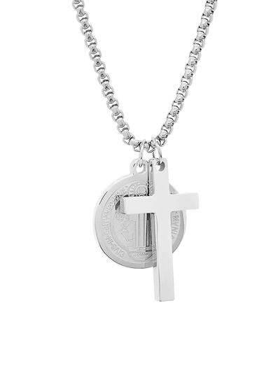 Shop Anthony Jacobs Men's Stainless Steel Cross & Symbol Pendant Necklace In Neutral