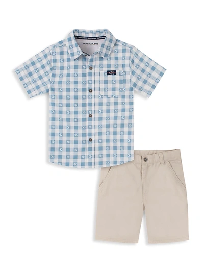 Shop Calvin Klein Little Boy's 2-piece Cotton Shirt & Shorts Set In Blue Multi