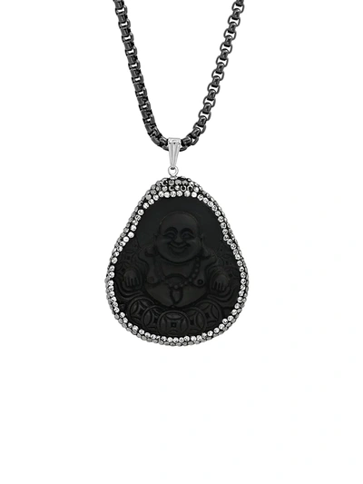Shop Anthony Jacobs Men's Black Ip-plated Stainless Steel & Grey & White Crystal Laughing Buddha Pendant Necklace