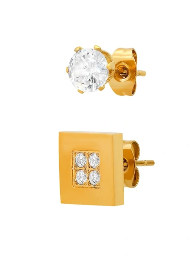 Shop Anthony Jacobs Men's Set Of 2 18k Goldplated Stainless Steel & Simulated Diamonds Stud Earrings In Neutral