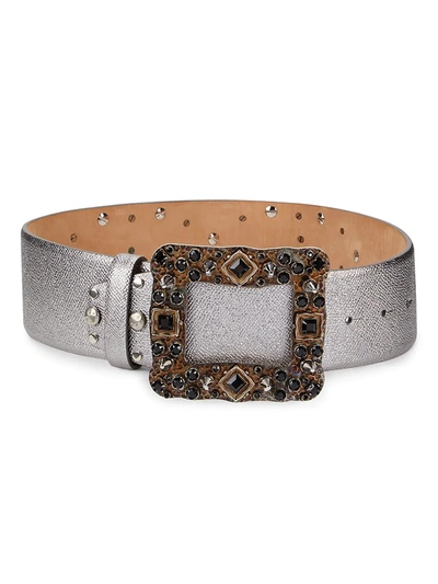 Shop Dolce & Gabbana Women's Glass Embellished Studded Leather & Suede Belt In Silver