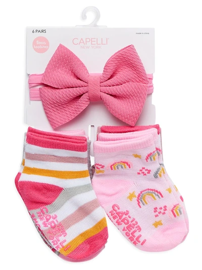 Shop Capelli New York Baby Girl's 6-pack Socks & Bow Headband Set In Pink Glow