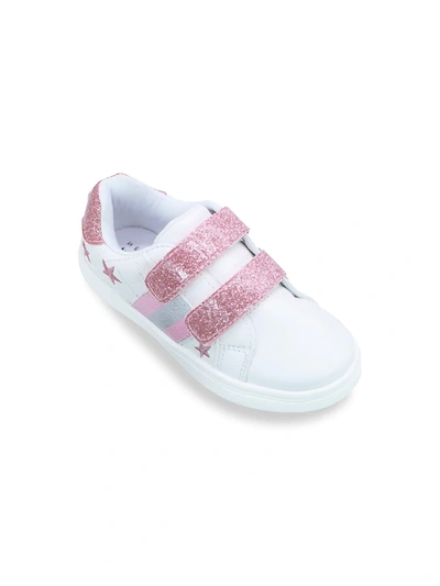 Shop Nicole Miller Girl's Glitter Striped Sneakers In White Pink