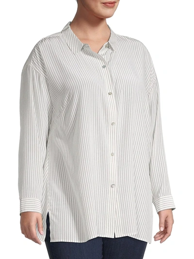 Shop Eileen Fisher Women's Plus Silk Pinstriped Shirt In Ivory Black