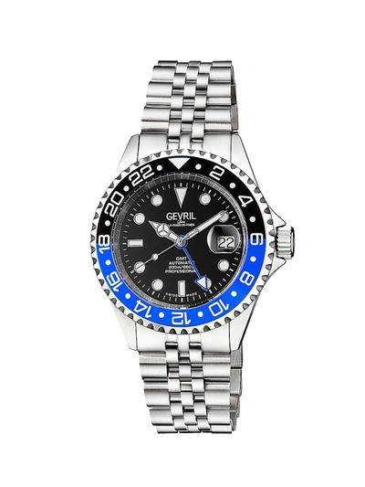 Shop Gevril Men's Wall Street Stainless Steel Gmt Swiss Automatic Bracelet Watch In Black