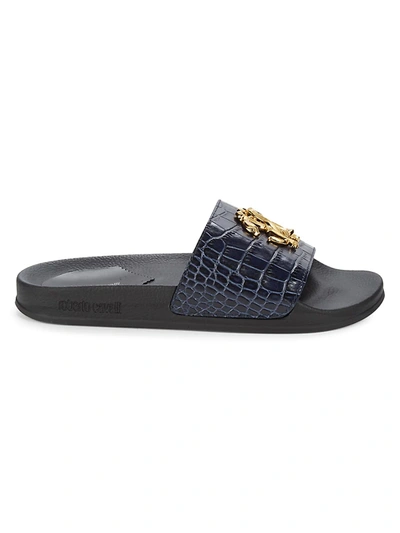 Shop Roberto Cavalli Men's Croc-embossed Leather Logo Slides In Black