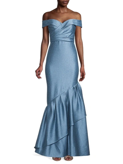 Shop Aidan Mattox Women's Off-the-shoulder Ruffle Satin Gown In Stormy Sky