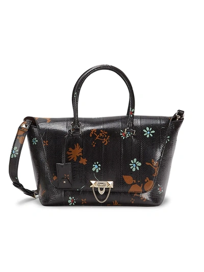 Shop Valentino Women's Floral Print Genuine Snakeskin & Leather Top Handle Bag In Chocolate