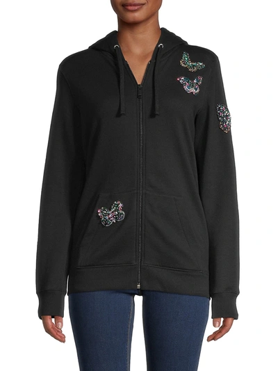 Shop Valentino Women's Embellished Butterfly Zip-front Hoodie In Nero