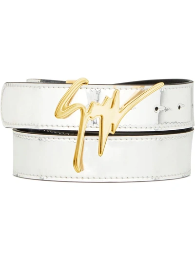 $495 Giuseppe Zanotti Foil Logo-Buckle Belt, Iridescent Silver, One Size