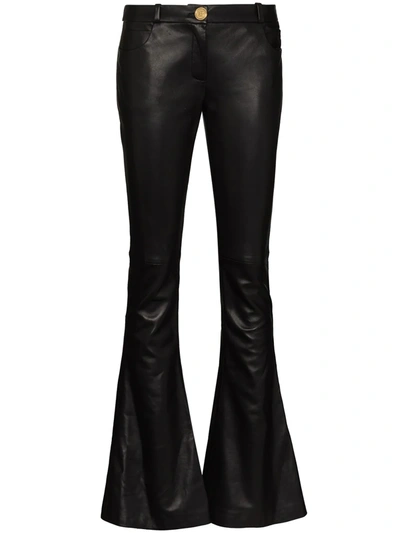 Shop Balmain Leather Flared Mid-rise Trousers In Black