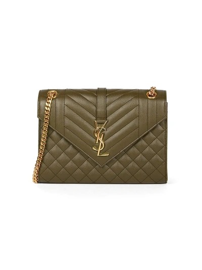Shop Saint Laurent Women's Medium Envelope Monogram Matelassé Leather Shoulder Bag In Khaki