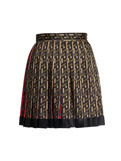 Shop Versace La Greca Silk Pleated Mini Skirt In Black Military