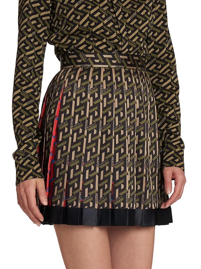 Shop Versace La Greca Silk Pleated Mini Skirt In Black Military