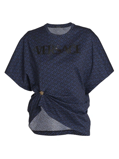 Shop Versace Women's La Greca Monogram Broach T-shirt In Blue Navy Black