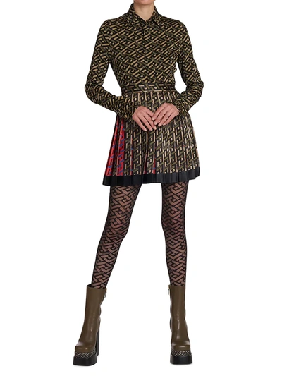 Shop Versace La Greca Silk Pleated Mini Skirt In Black Military