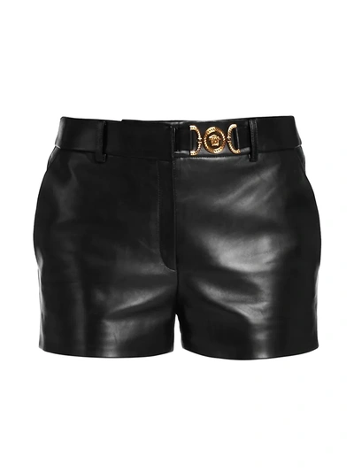Shop Versace Semi Plonge Leather Shorts In Black