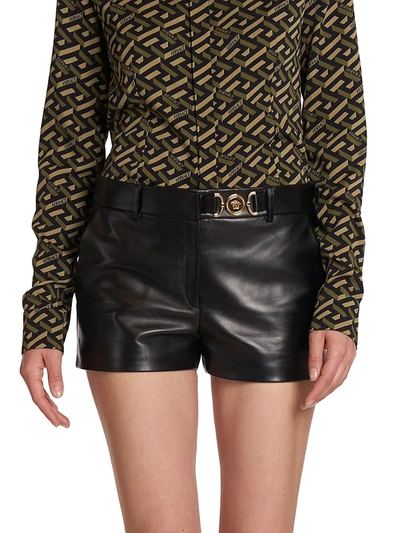 Shop Versace Semi Plonge Leather Shorts In Black