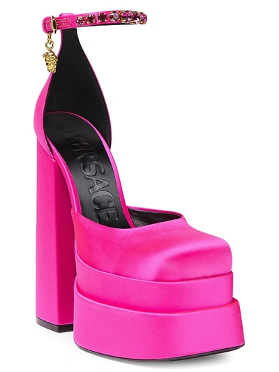 Shop Versace Women's Satin Platform Pumps In Pink