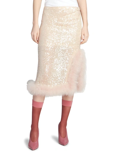 Shop Dries Van Noten Sequin & Faux Fur Midi Skirt In Blush