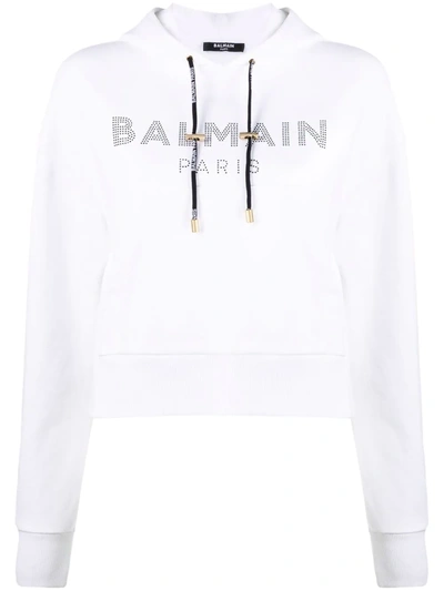 budget Tilbageholde Jeg bærer tøj Balmain Embellished Logo Print Cropped Hoodie In White | ModeSens