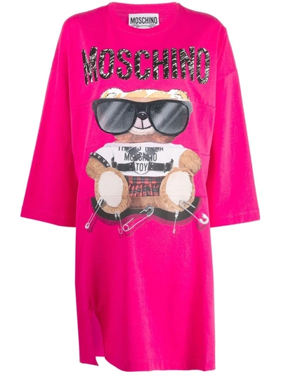 Shop Moschino Teddy Bear Print Jersey Dress In 粉色