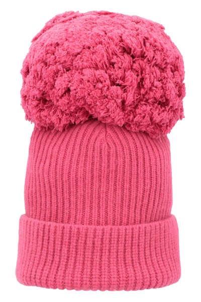 Shop Alberta Ferretti Knitted Wool Beanie With Pom-pom In Amaranth
